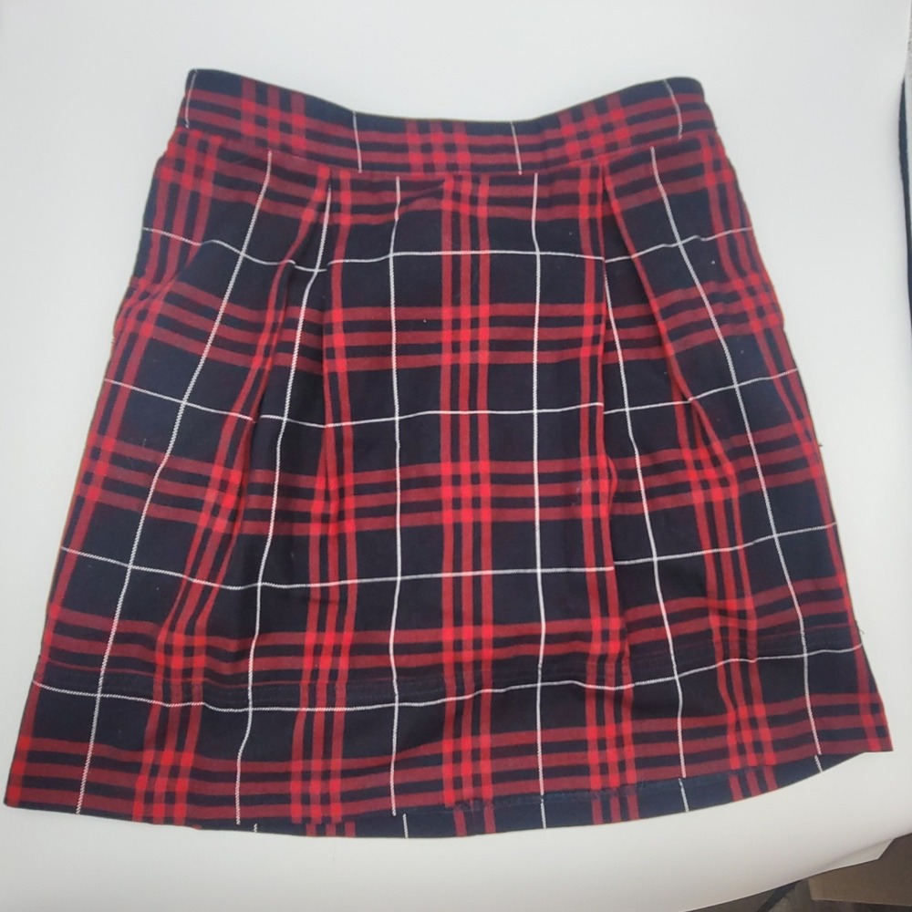 Lands End Kids Girls Red Navy Blue Plaid Pleated A-Line Skirt Size 12 Adjustable
